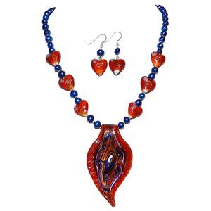 Handmade Red Lampworked Glass Blue Pearl Silver Beaded Necklace Earring GN270